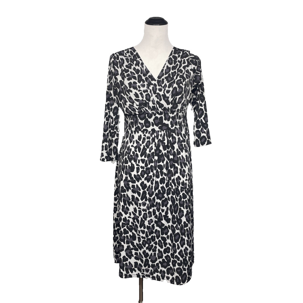 Slinky Brand Womens Medium Black White Leopard Print Faux Wrap Dress NWT